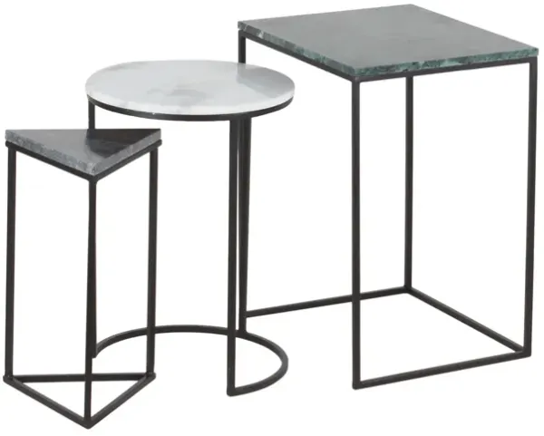 Set of 3 Nesting Side End Tables, Black and White Marble, Modern Design - Benzara