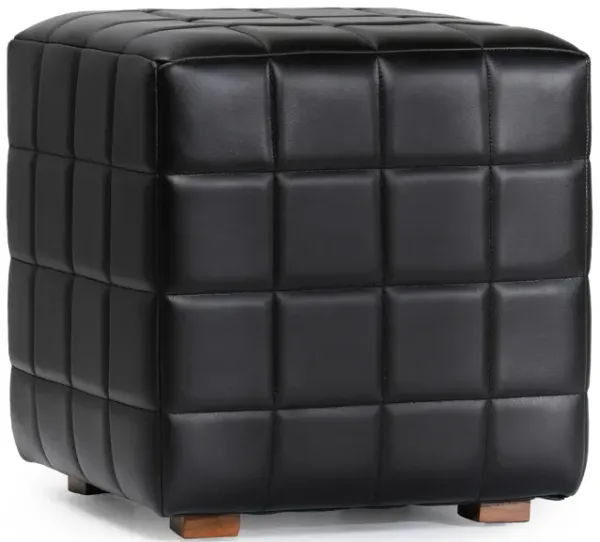 Isar Square Ottoman with Black Tufted Leather, Mango Wood 18 Inch - Benzara