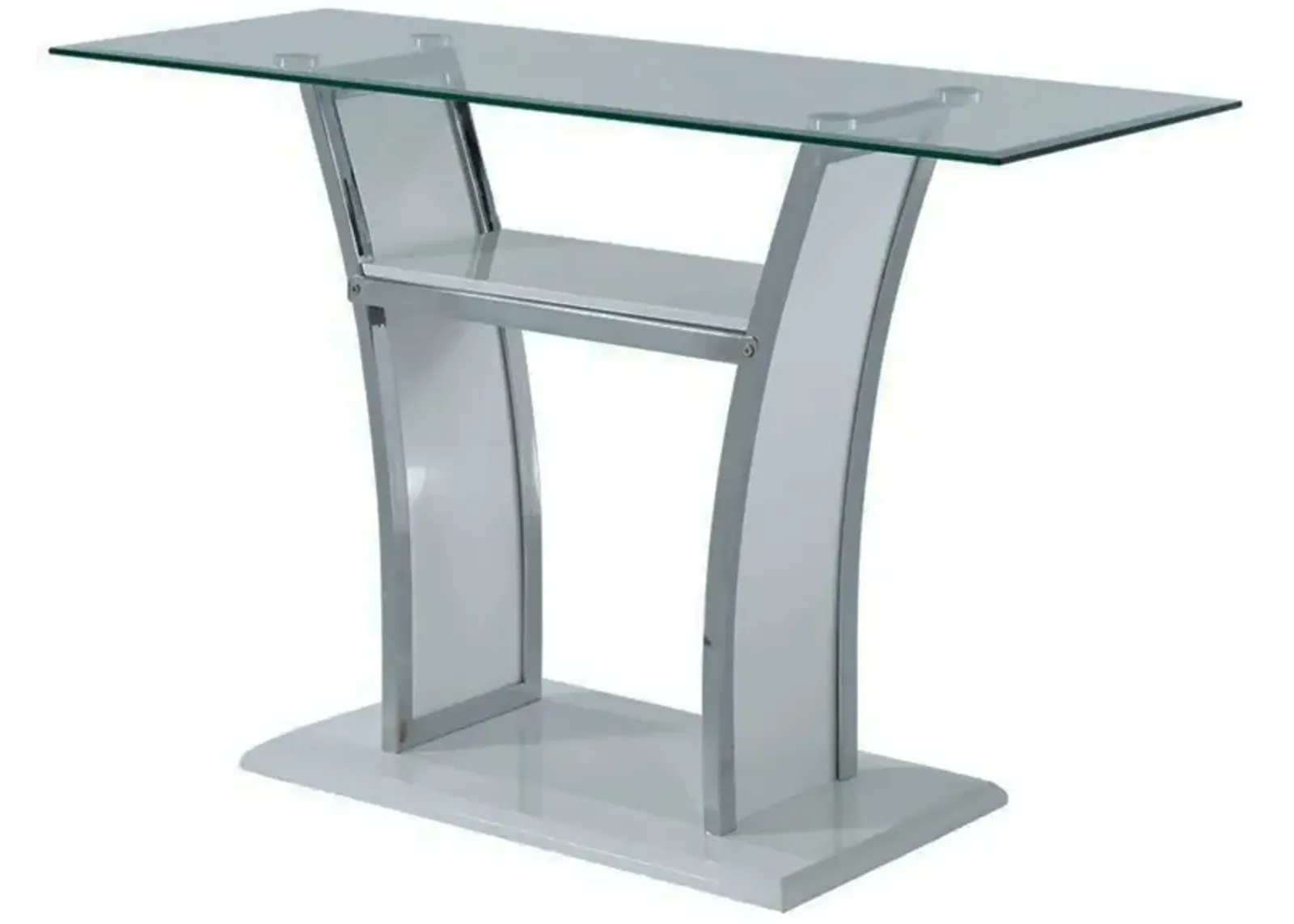 Sofa Table with Chrome Trimmed Curved Sides and Open Bottom Shelf, White-Benzara