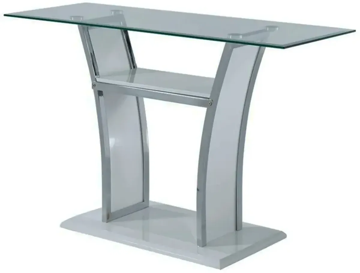 Sofa Table with Chrome Trimmed Curved Sides and Open Bottom Shelf, White-Benzara