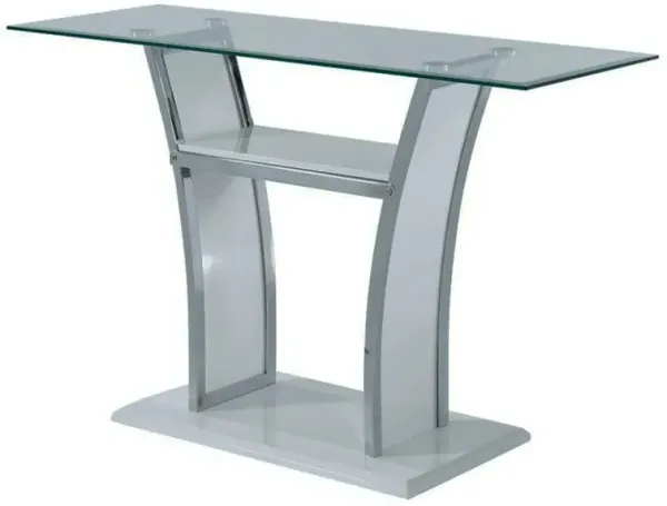 Sofa Table with Chrome Trimmed Curved Sides and Open Bottom Shelf, White-Benzara