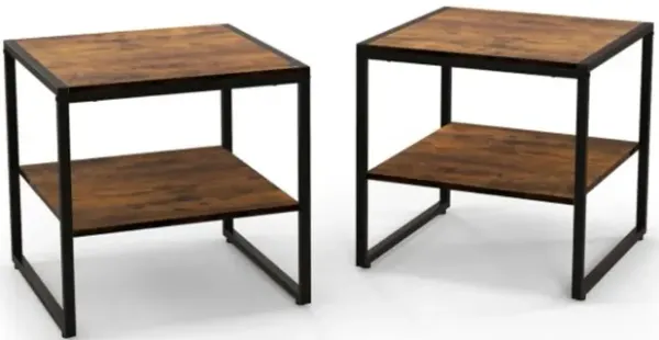 Hivvago 2 Pieces Industrial 2-Tier Side Table Set with Open Shelf-Rustic Brown