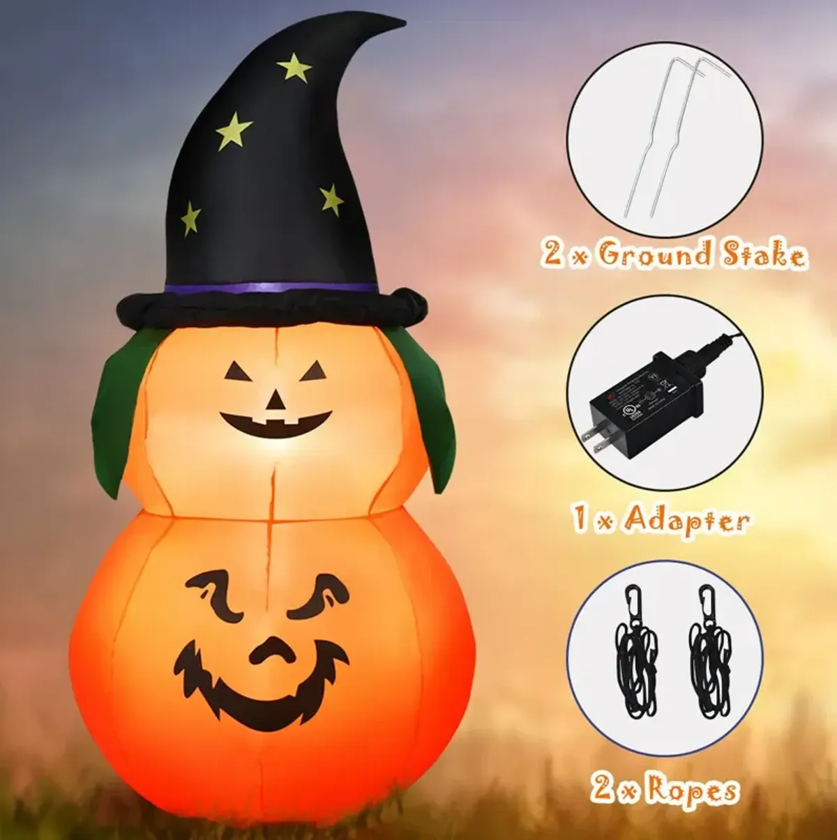 5 Feet Halloween Inflatable LED Pumpkin with Witch Hat