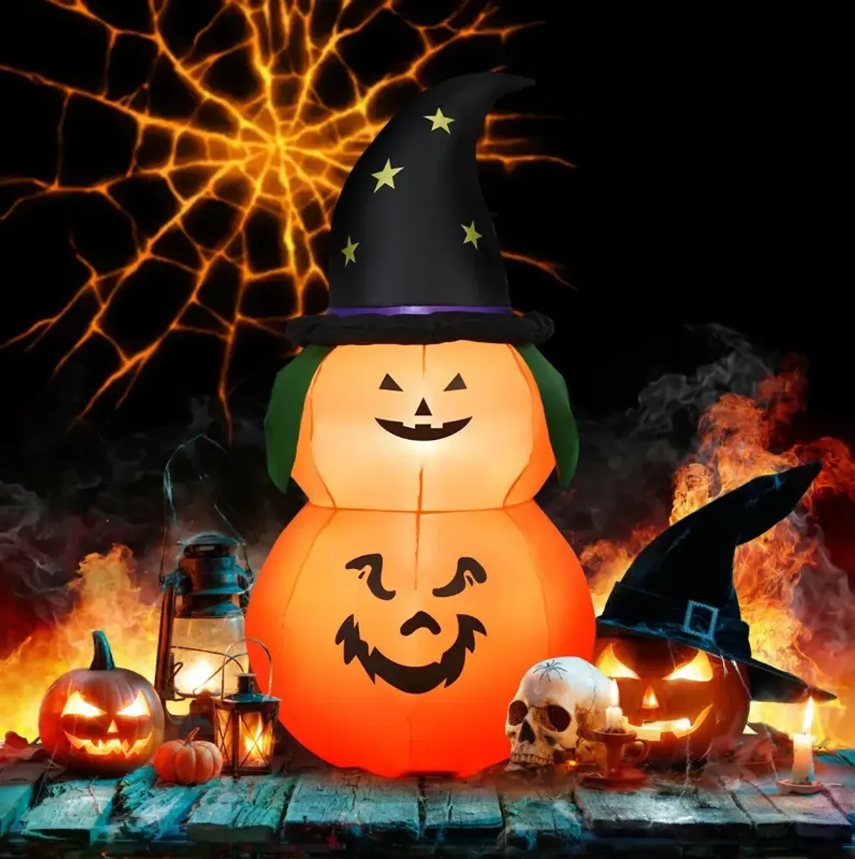 5 Feet Halloween Inflatable LED Pumpkin with Witch Hat