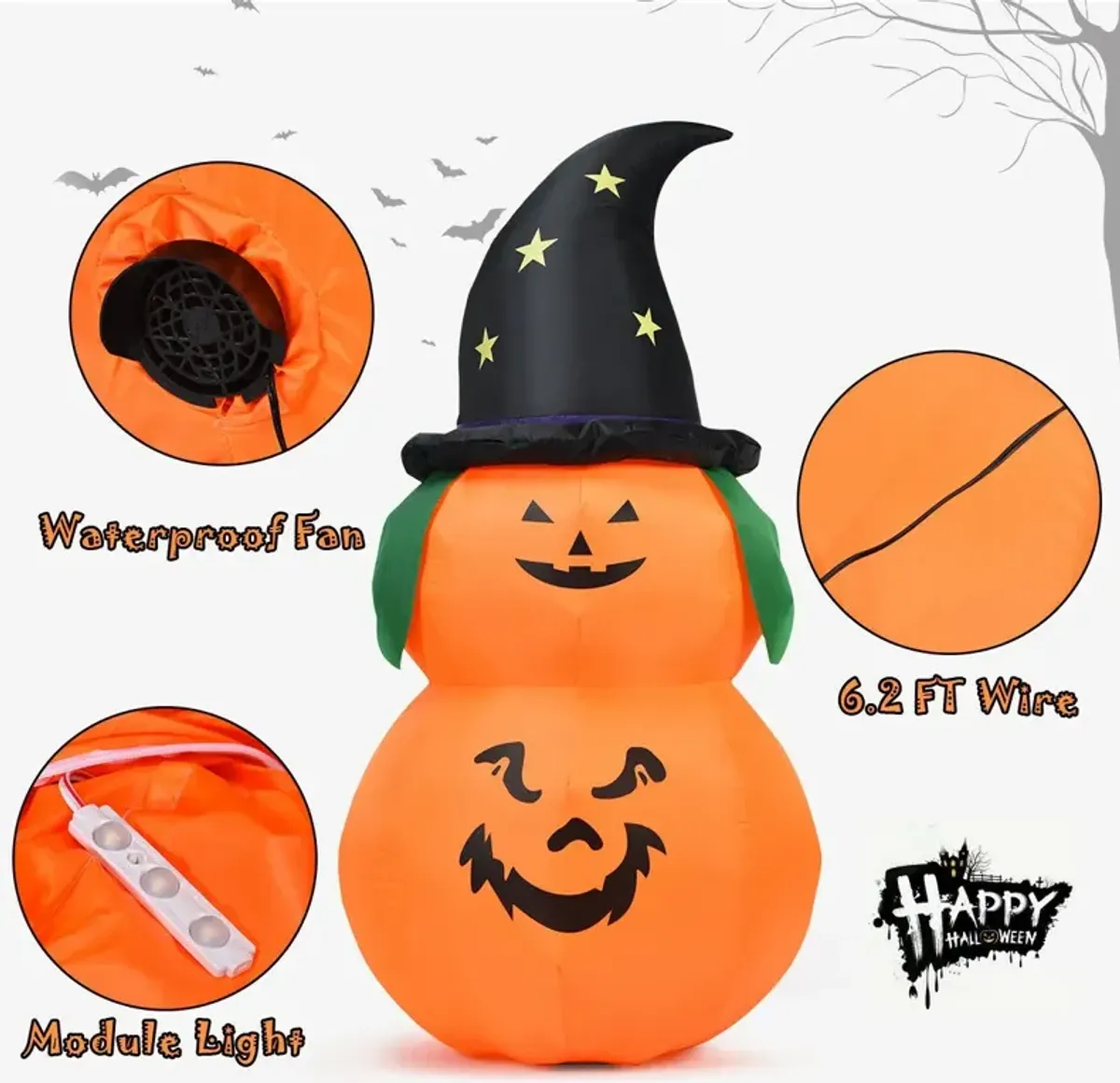 5 Feet Halloween Inflatable LED Pumpkin with Witch Hat