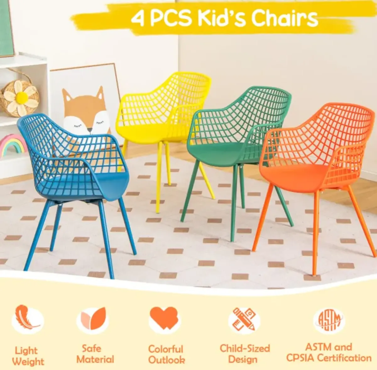 Hivvago 4 Pieces Kids Chairs with Curved Backrest and Ergonomic Armrests