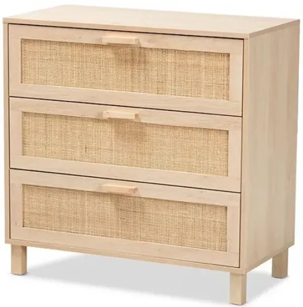 Baxton Studio Sebille Mid-Century Modern Light Brown Finished Wood 3-Drawer Storage Chest with Natural Rattan