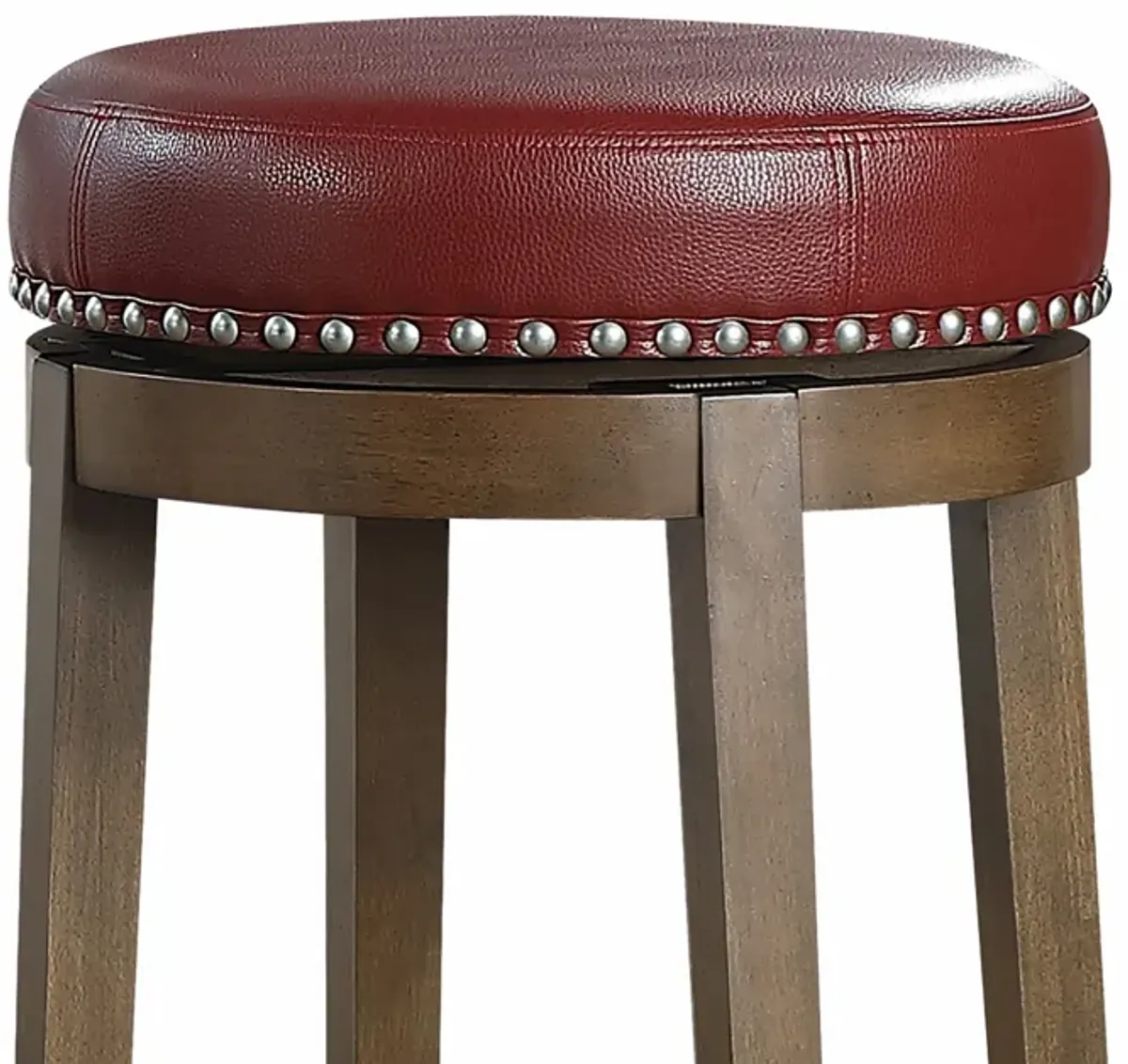 Bara 31 Inch Swivel Barstool, Red Round Faux Leather, Brown Wood, Set of 2 - Benzara