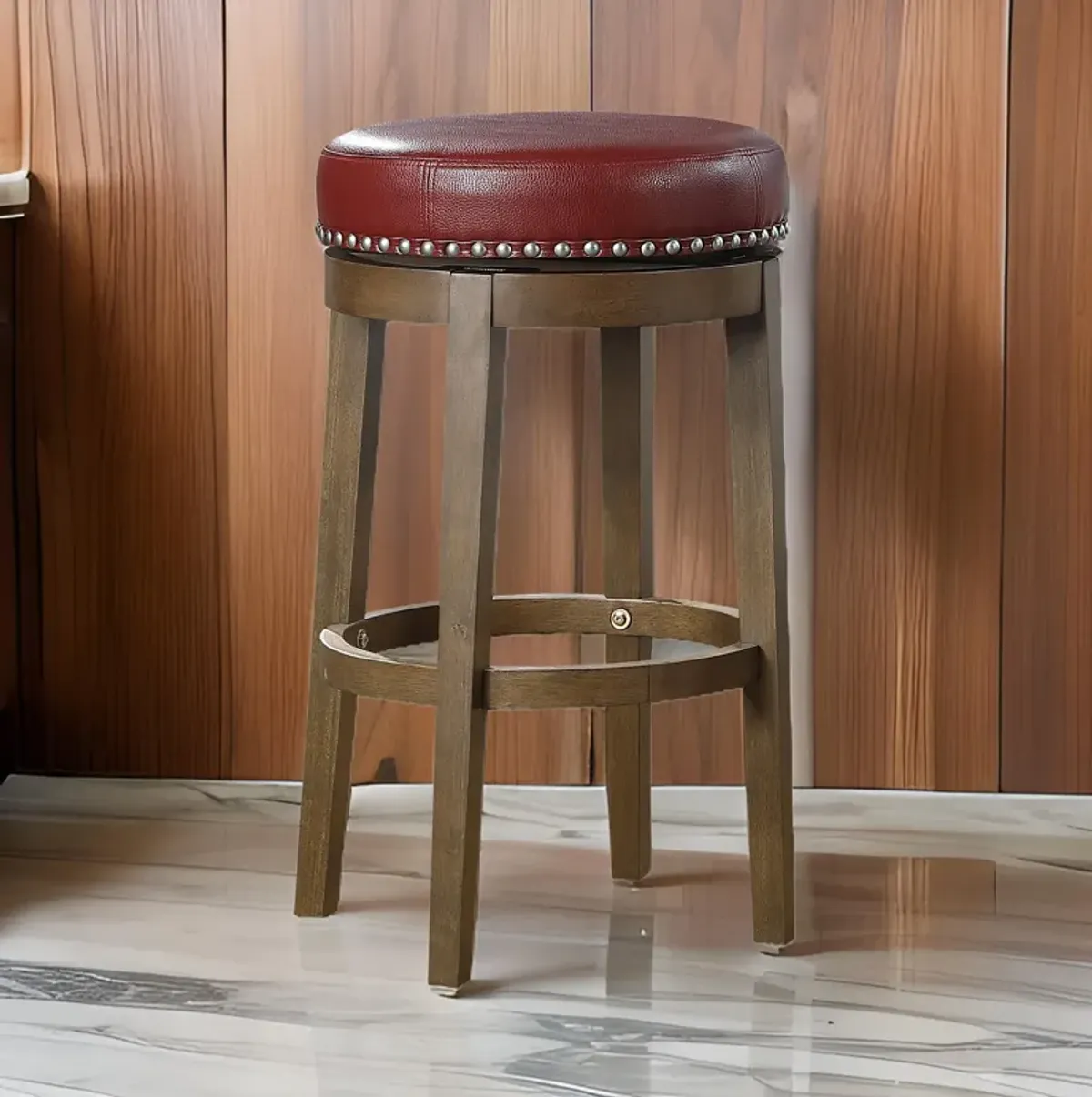 Bara 31 Inch Swivel Barstool, Red Round Faux Leather, Brown Wood, Set of 2 - Benzara