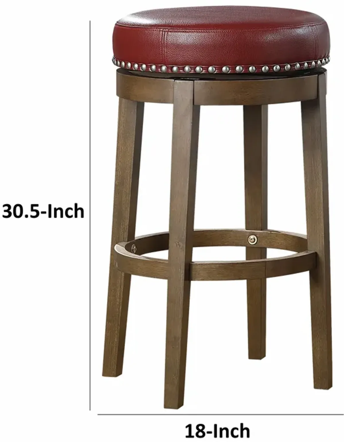 Bara 31 Inch Swivel Barstool, Red Round Faux Leather, Brown Wood, Set of 2 - Benzara