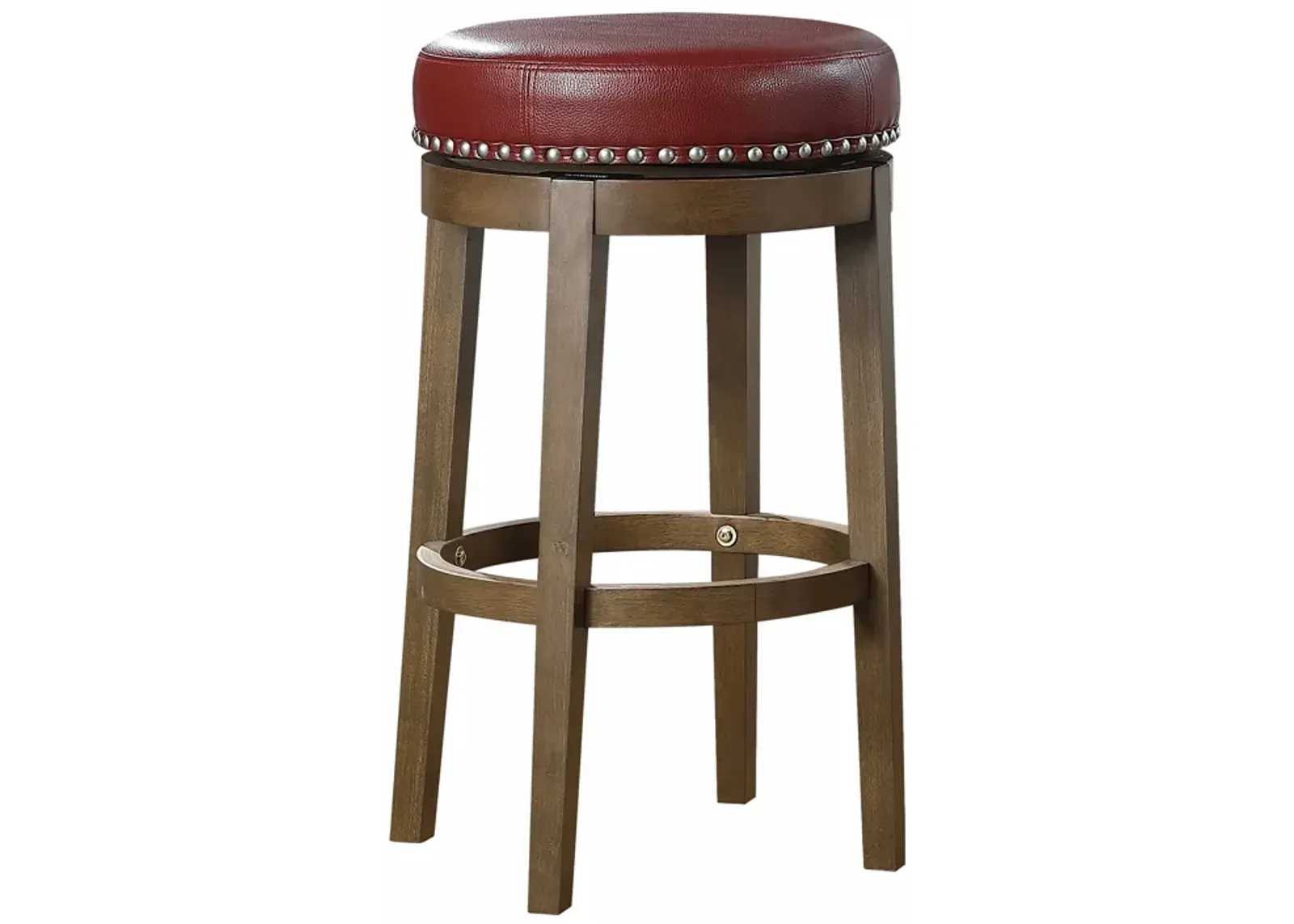 Bara 31 Inch Swivel Barstool, Red Round Faux Leather, Brown Wood, Set of 2 - Benzara