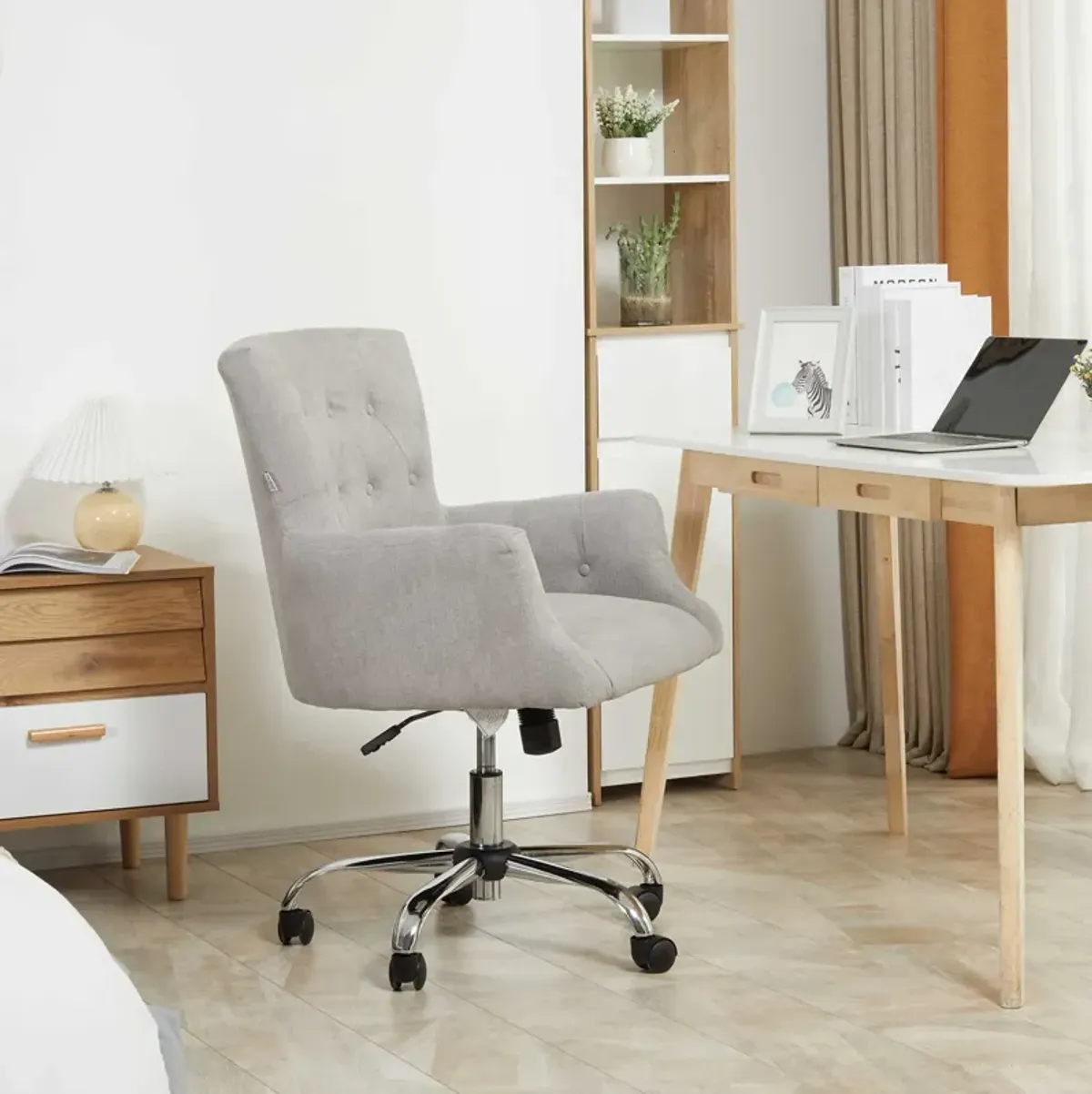 Light Grey Office Seating: Mid Back Swivel Computer Chair for Home Study