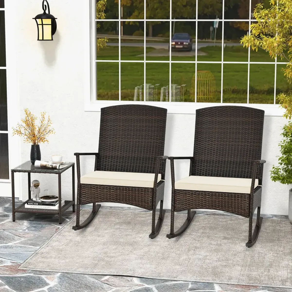 3 Piece Patio Rocking Set Wicker Rocking Chairs with 2-Tier Coffee Table