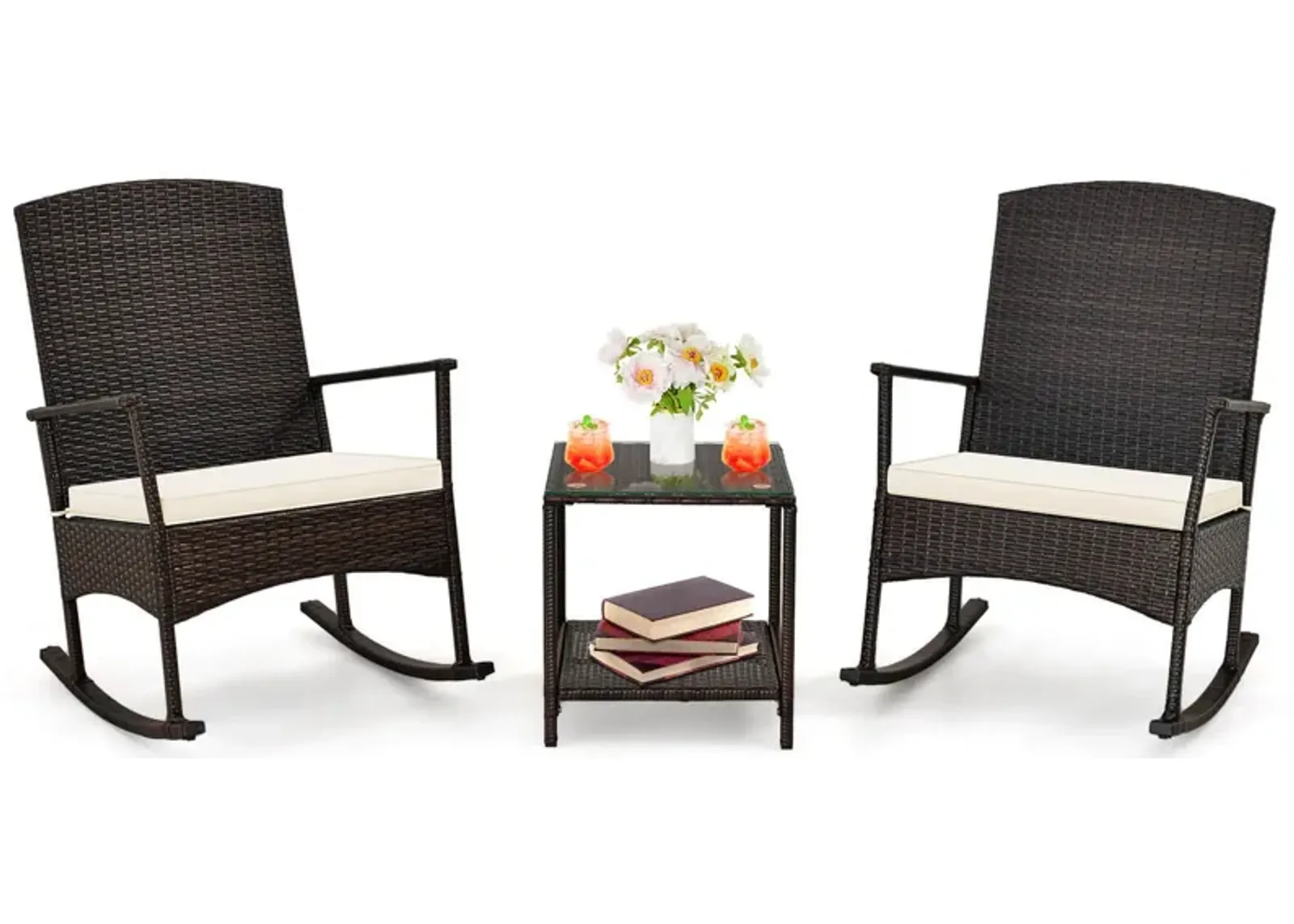 3 Piece Patio Rocking Set Wicker Rocking Chairs with 2-Tier Coffee Table