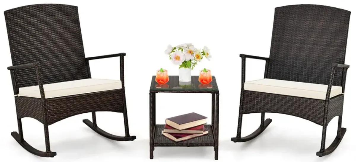 3 Piece Patio Rocking Set Wicker Rocking Chairs with 2-Tier Coffee Table