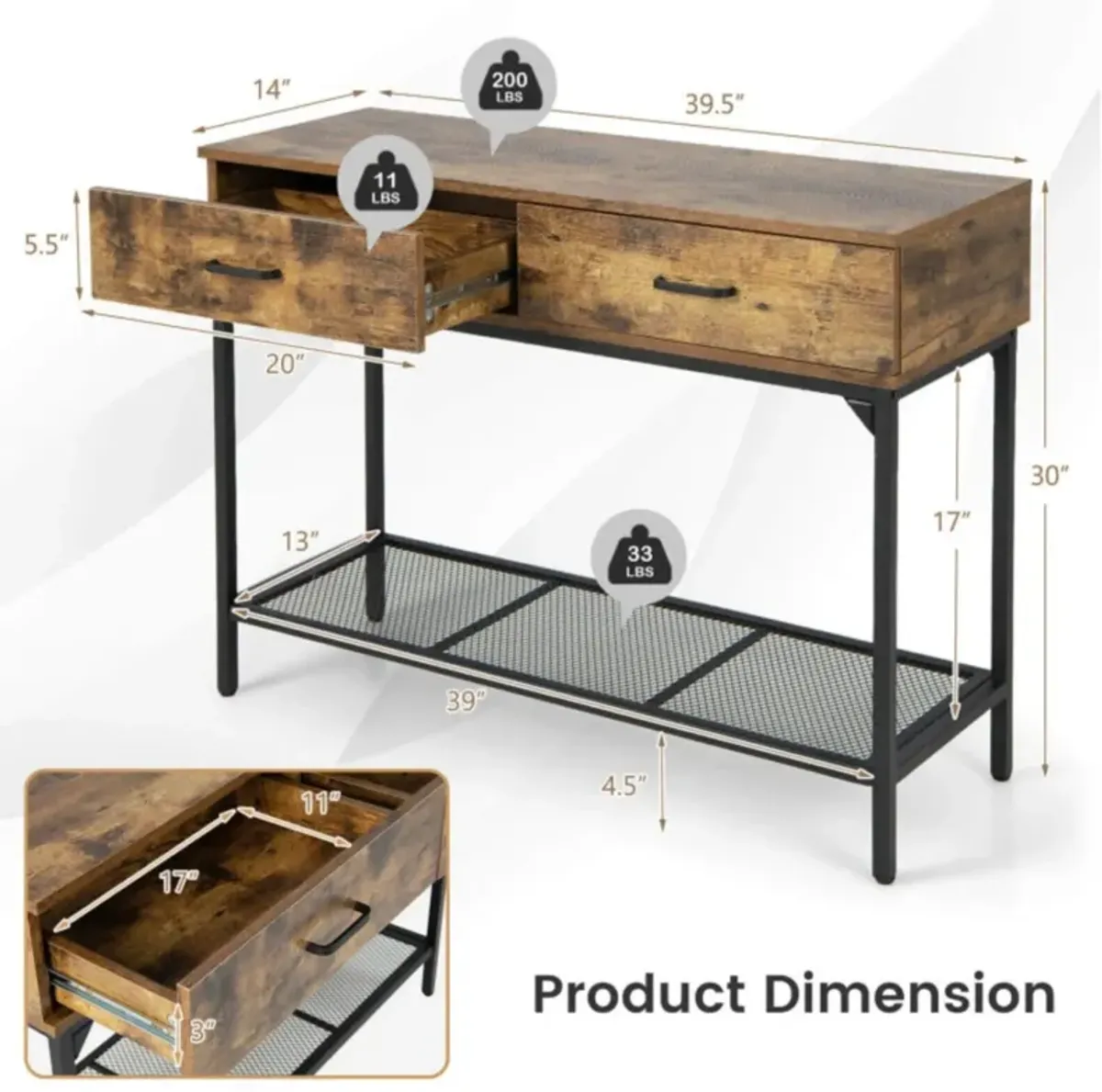 Hivvago 2 Drawers Industrial Console Table with Steel Frame for Small Space