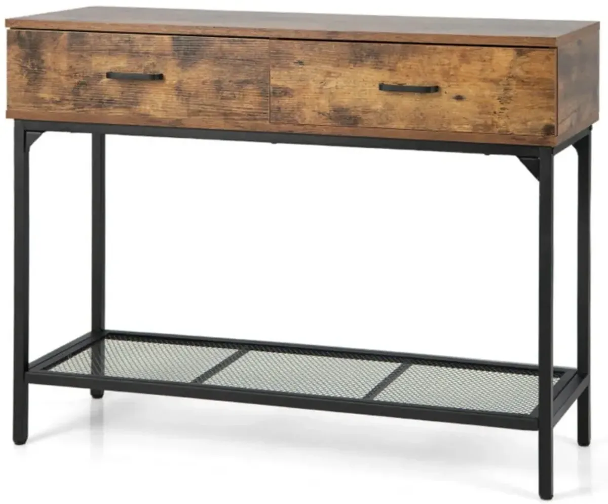 Hivvago 2 Drawers Industrial Console Table with Steel Frame for Small Space