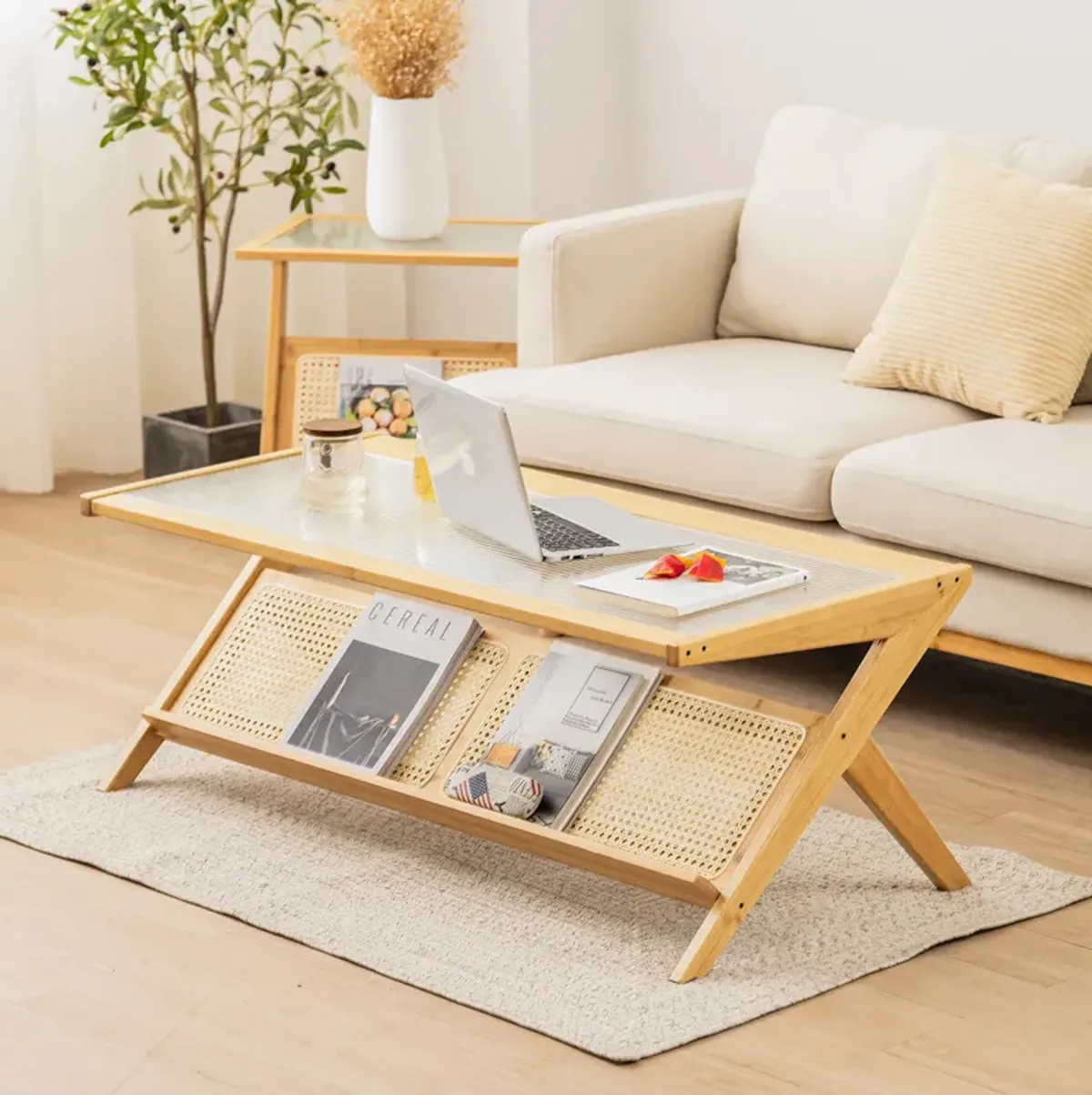 Z-Shaped Handwoven Bamboo Coffee Table with Tempered Glass Top-Natural