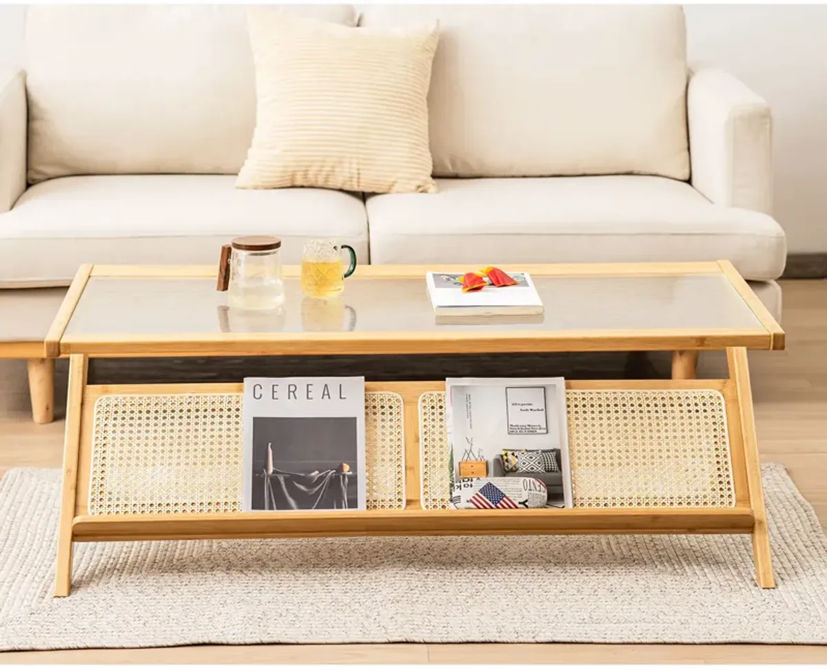 Z-Shaped Handwoven Bamboo Coffee Table with Tempered Glass Top-Natural