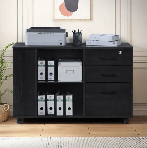3-Drawer 39in. W Rolling Lateral File Cabinet with Locker and Open Storage Shelves for Home Office and Kids Room