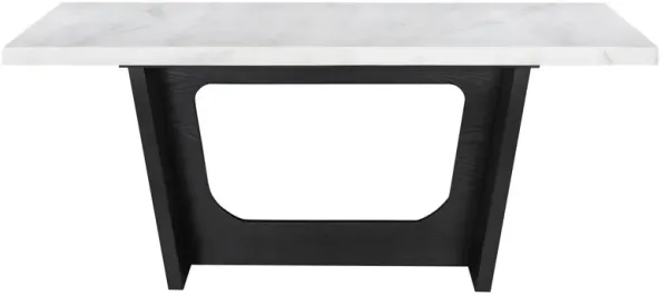 Shoy 72 Inch Dining Table, Rectangular White Marble Top, Trestle, Brown - Benzara