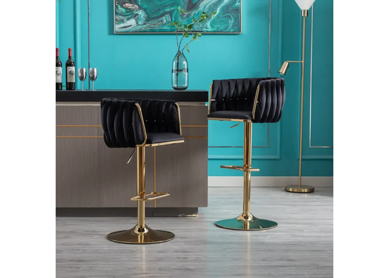 Set of 2 Bar Stools, with Chrome Footrest and Base Swivel Height Adjustable Mechanical Lifting Velvet + Golden Leg Simple Bar Stool-Black