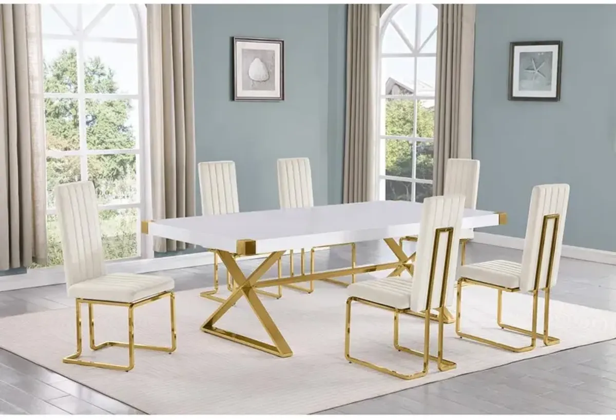 Best Quality Furniture 7pc Large(94) white wood top dining set with gold base and 6 Cream side chairs