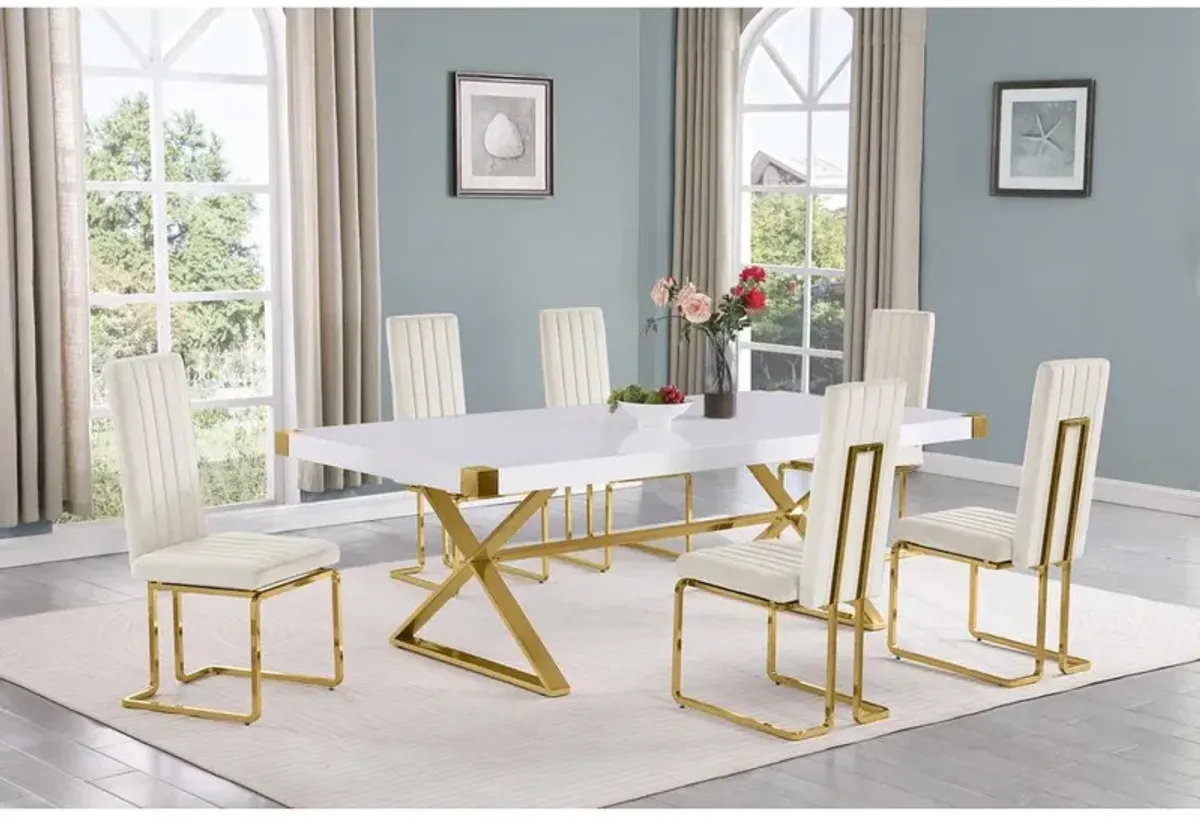 Best Quality Furniture 7pc Large(94) white wood top dining set with gold base and 6 Cream side chairs