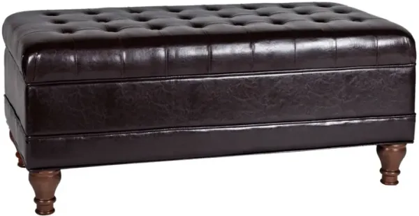 Leatherette Upholstered Wooden Bench with Button Tufted Lift Top Storage, Brown - Benzara