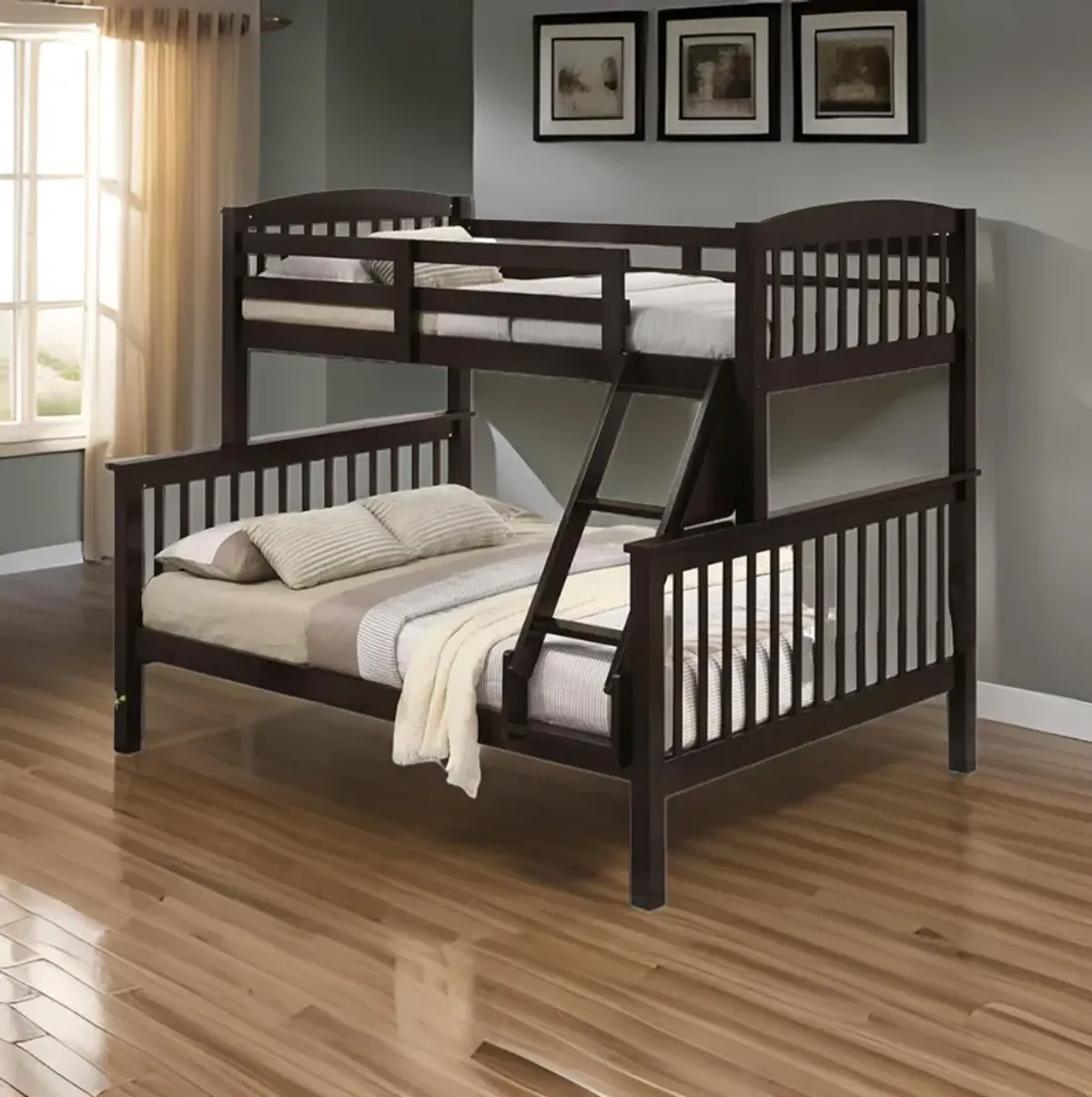 Bruke Twin/Full Bunk Bed with Ladder, Slatted Cherry Brown Solid Hardwood