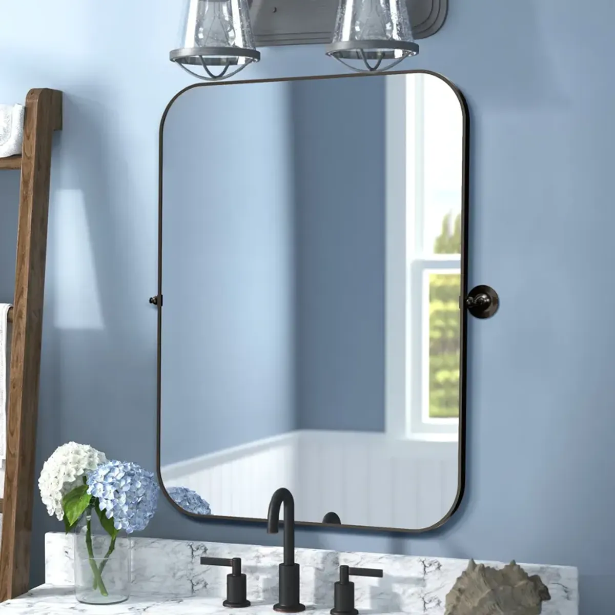 36*24 Rectangular Metal Framed Round Corner Bathroom Vanity Mirror in Black