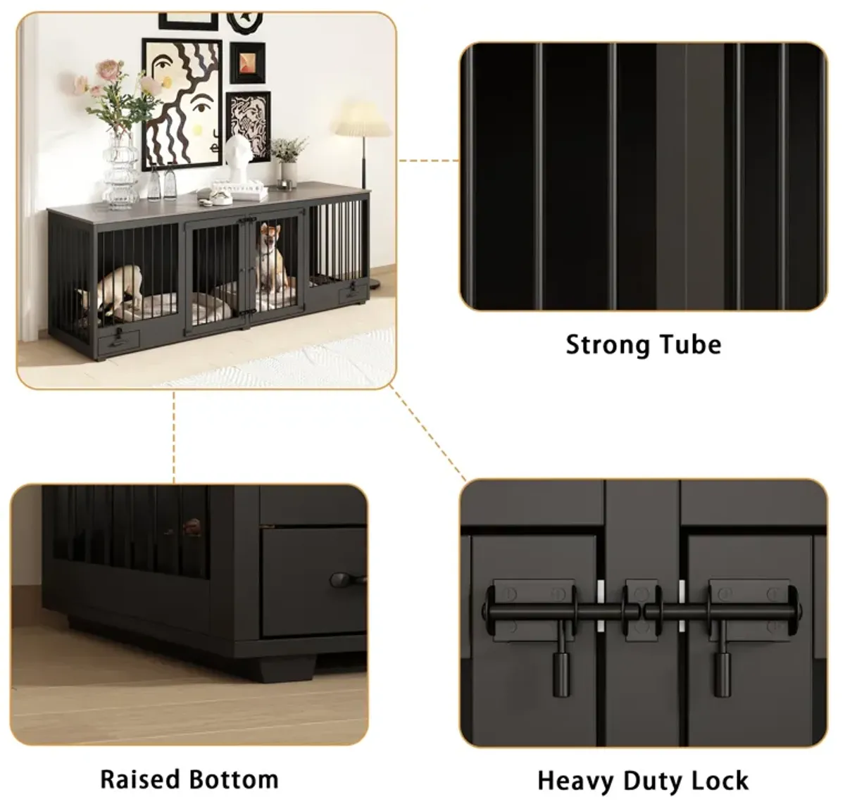 Black Large Furniture Style Dog Crate with Dog Feeding Area, Large Dog Crate with Removable Irons for 2 Medium Dogs