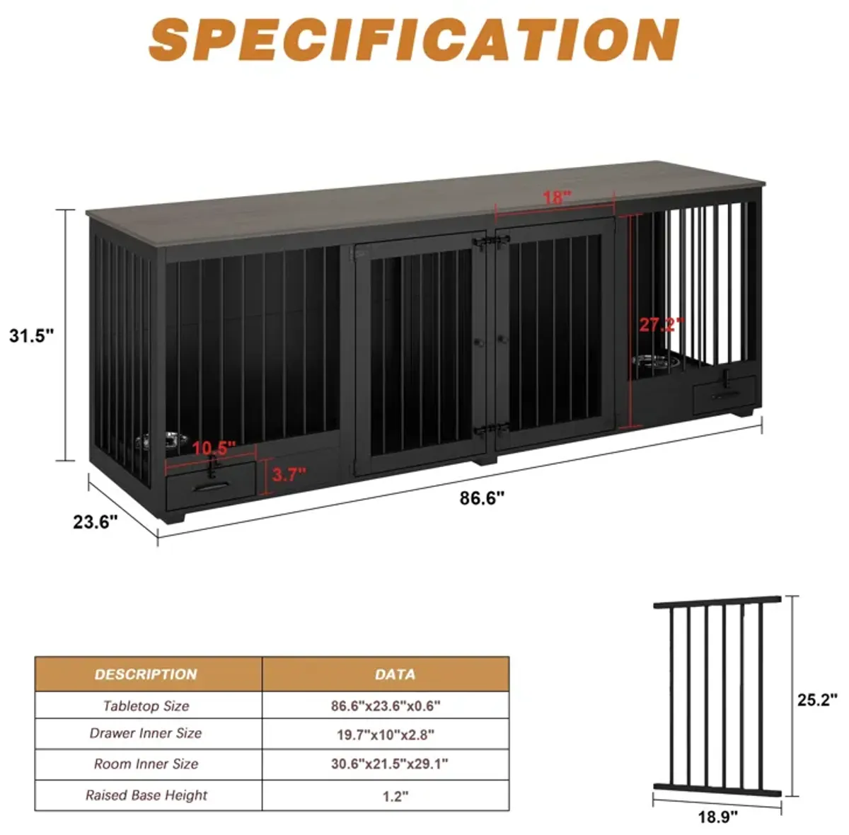 Black Large Furniture Style Dog Crate with Dog Feeding Area, Large Dog Crate with Removable Irons for 2 Medium Dogs