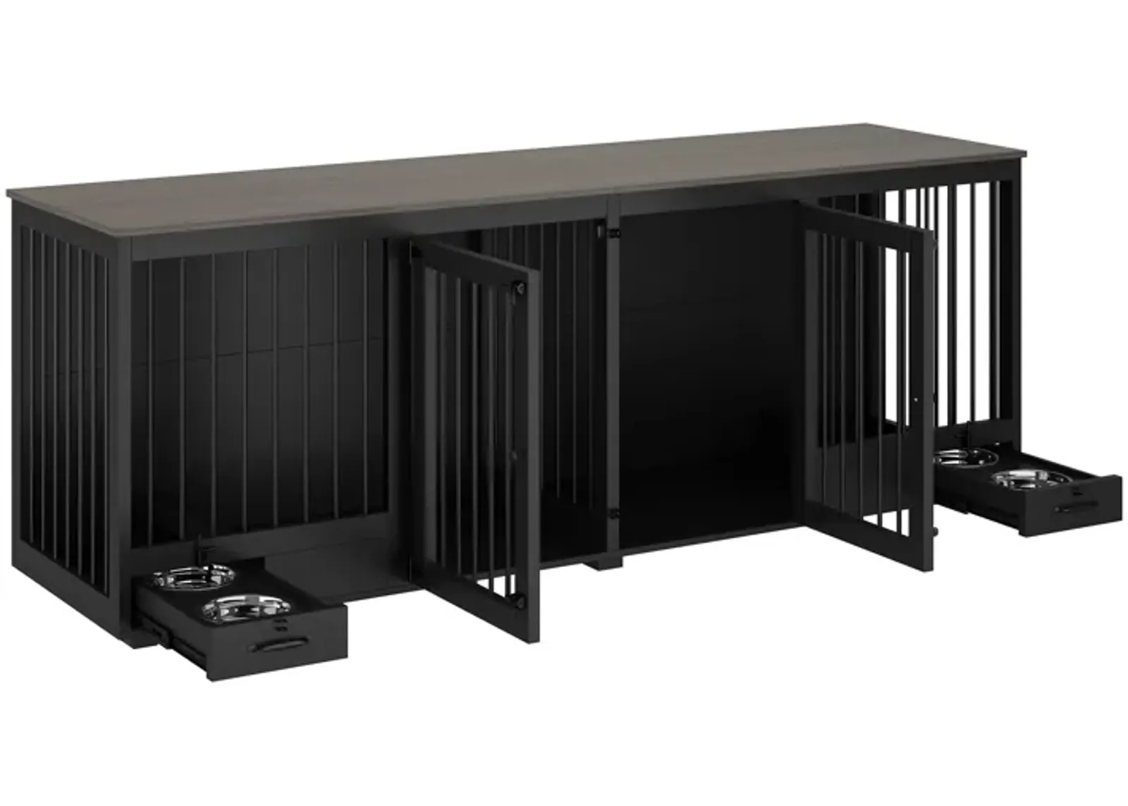 Black Large Furniture Style Dog Crate with Dog Feeding Area, Large Dog Crate with Removable Irons for 2 Medium Dogs