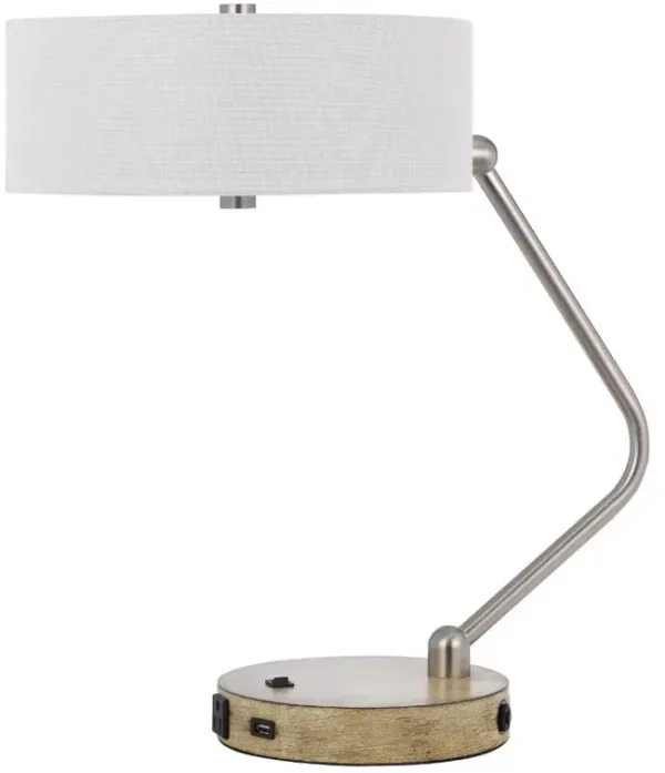 Hivvago 20" Brown Metal Two Light Lantern Desk USB Table Lamp With White Drum Shade