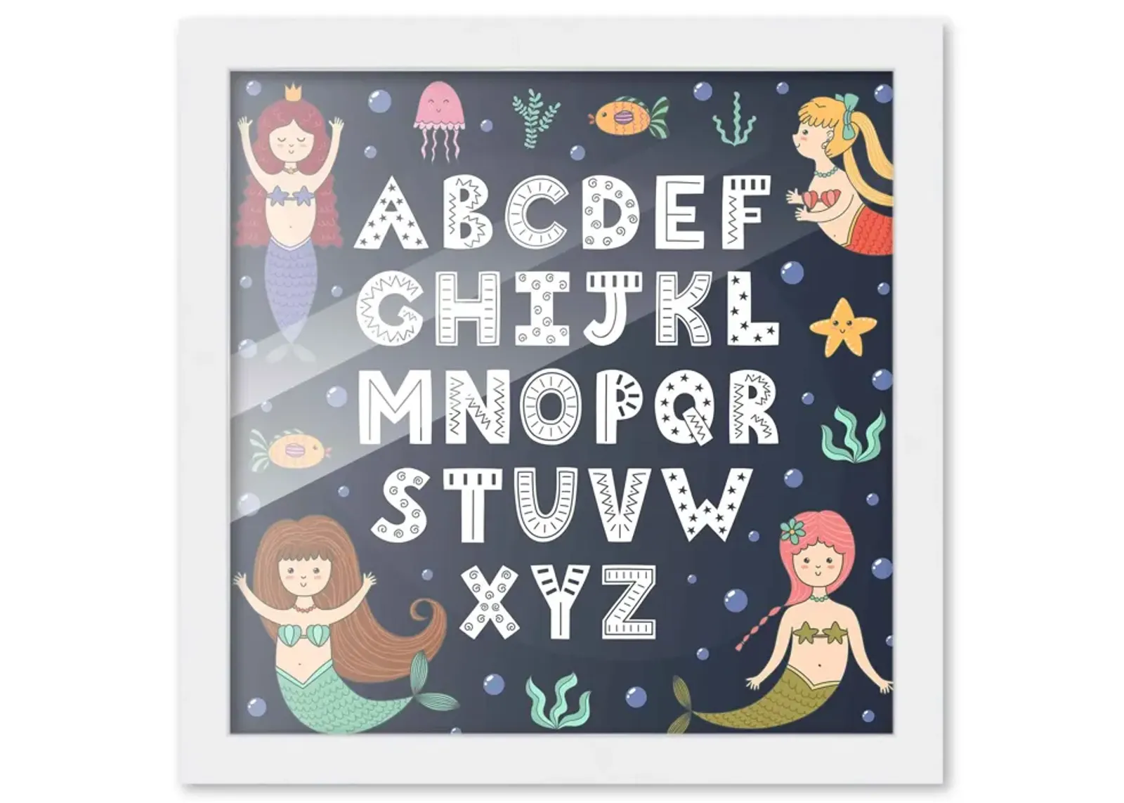 10x10 Framed Nursery Wall Art Hand Drawn Mermaid ABC Poster In Black Wood Frame For Kid Bedroom or Playroom