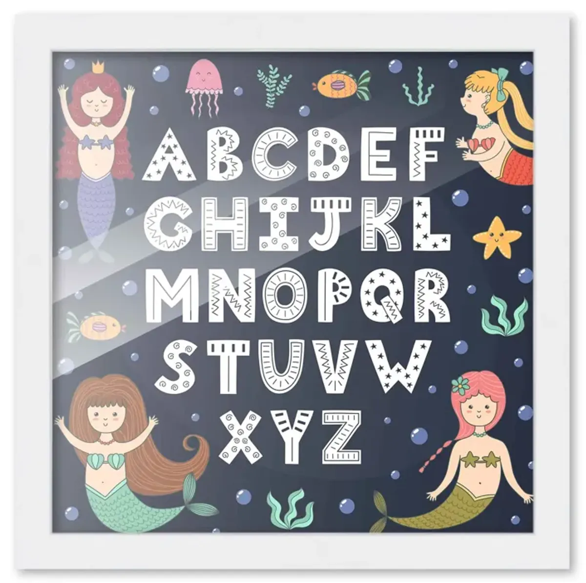 10x10 Framed Nursery Wall Art Hand Drawn Mermaid ABC Poster In Black Wood Frame For Kid Bedroom or Playroom