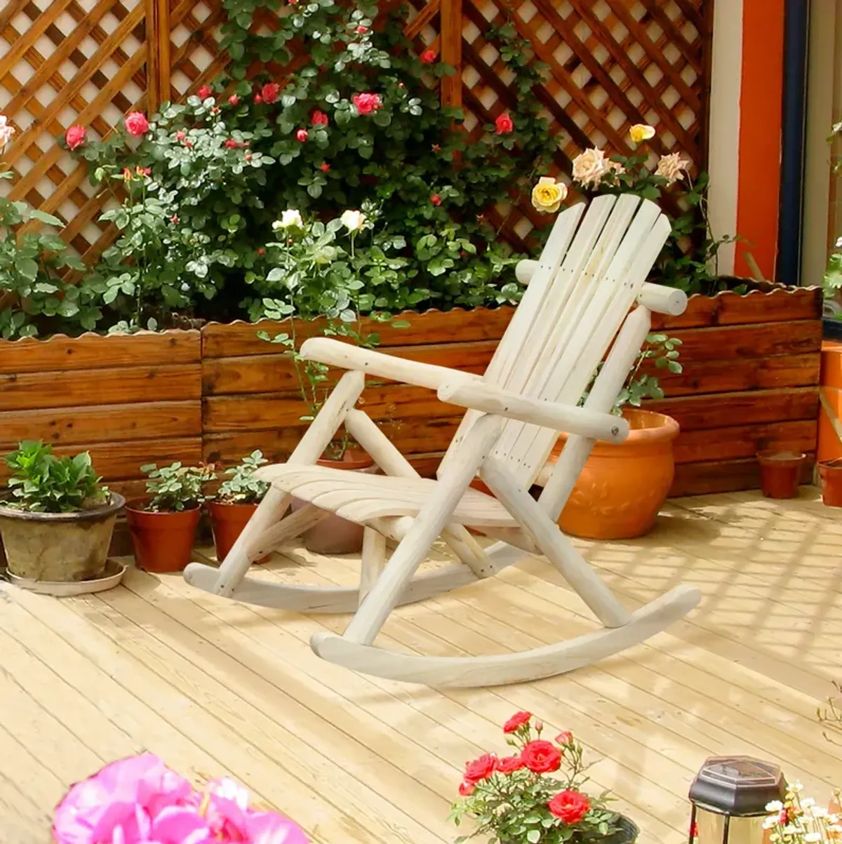 Outsunny Outdoor Wooden Rocking Chair, Single-person Adirondack Rocking Patio Chair with Rustic High Back, Slatted Seat and Backrest for Indoor, Backyard, Garden, Natural