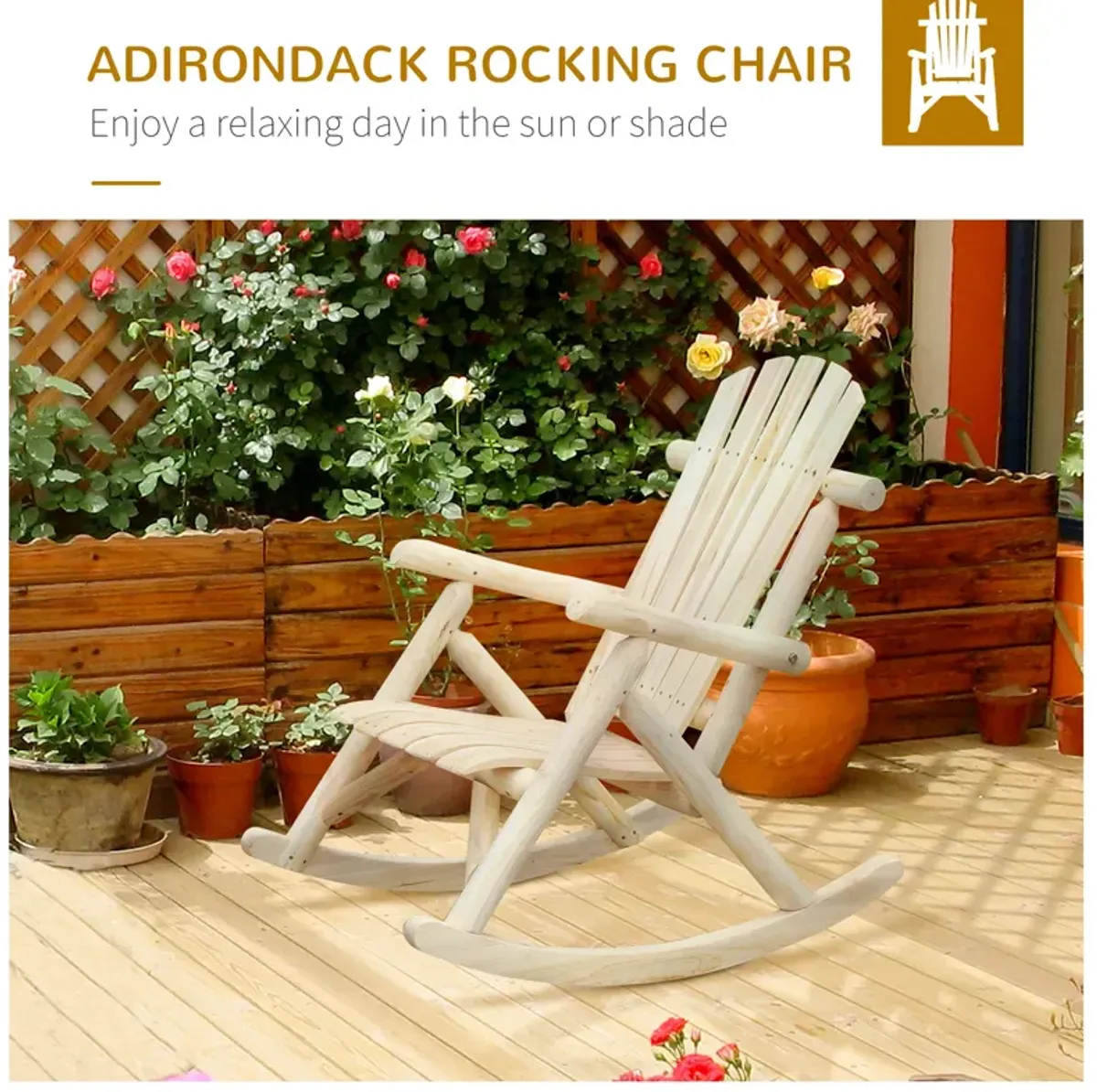 Outsunny Outdoor Wooden Rocking Chair, Single-person Adirondack Rocking Patio Chair with Rustic High Back, Slatted Seat and Backrest for Indoor, Backyard, Garden, Natural