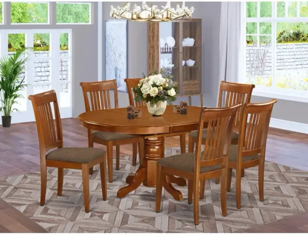 7 Pc set Avon Kitchen Table with Leaf and 6Fabric Dinette Chairs in Saddle Brown