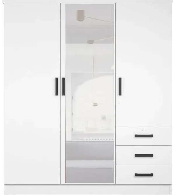 Violet Wardrobe Mirrored Door Closet 3 Doors and 3 Drawers (White)