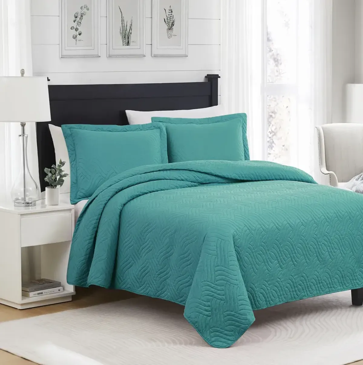 RT Designers Collection Ruby 3pc Pinsonic High Quality All Season Quilt Set for Revitalize Bedroom Queen  Turquoise