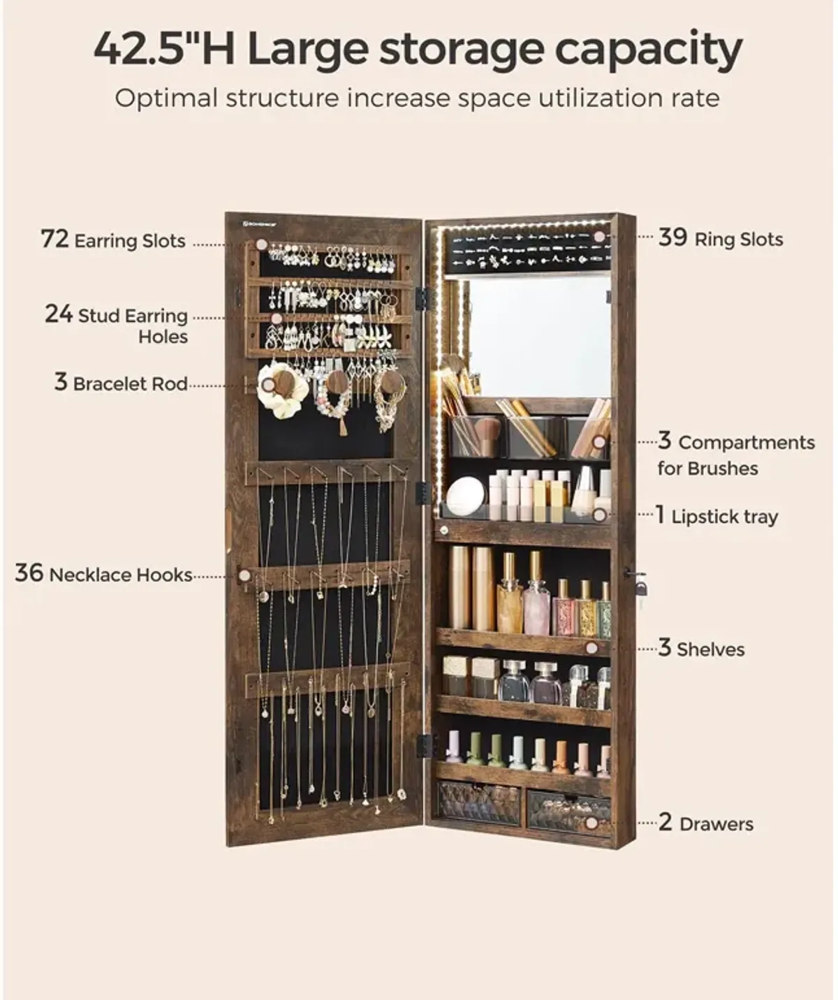 Lockable Wall-Mounted Jewelry Cabinet with Full-Length Frameless Mirror