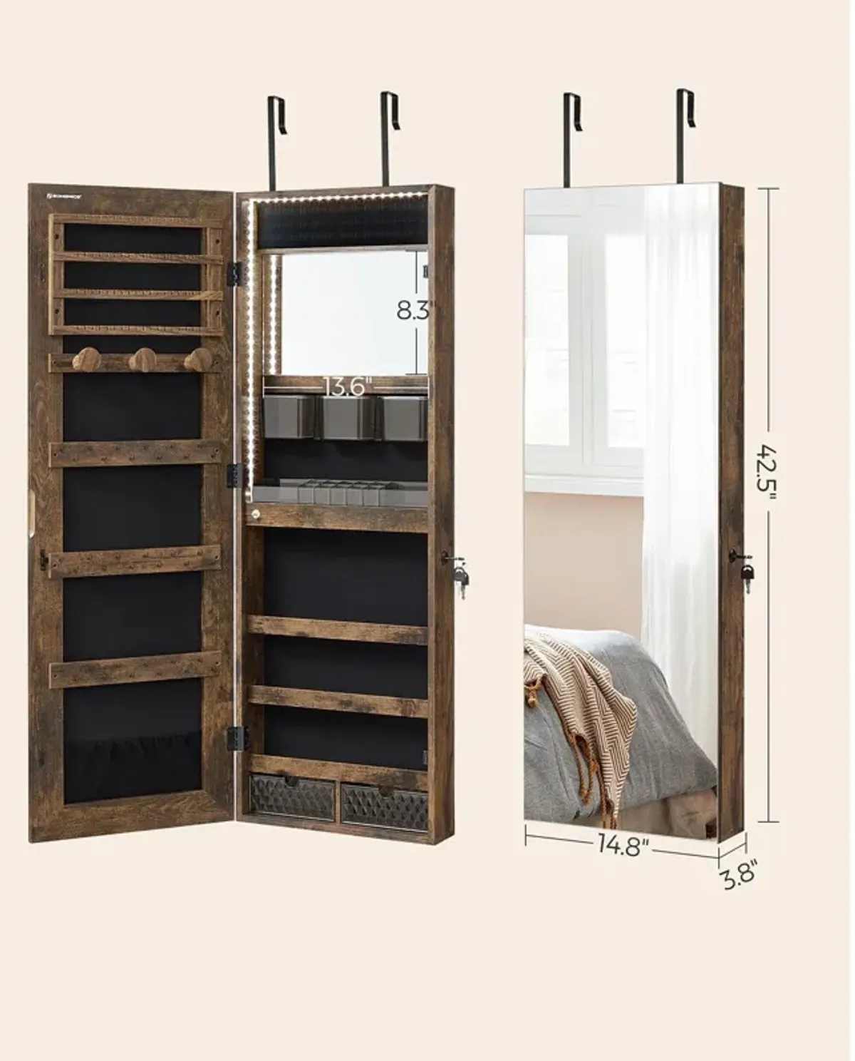 Lockable Wall-Mounted Jewelry Cabinet with Full-Length Frameless Mirror