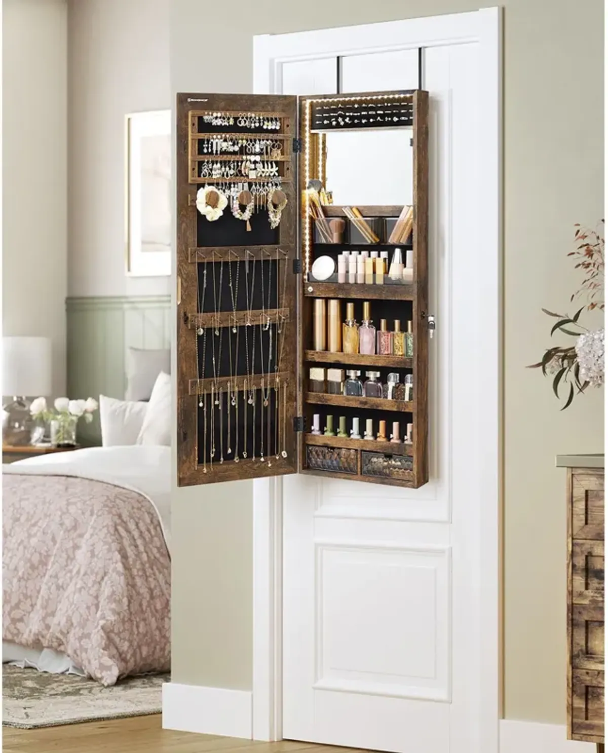 Lockable Wall-Mounted Jewelry Cabinet with Full-Length Frameless Mirror