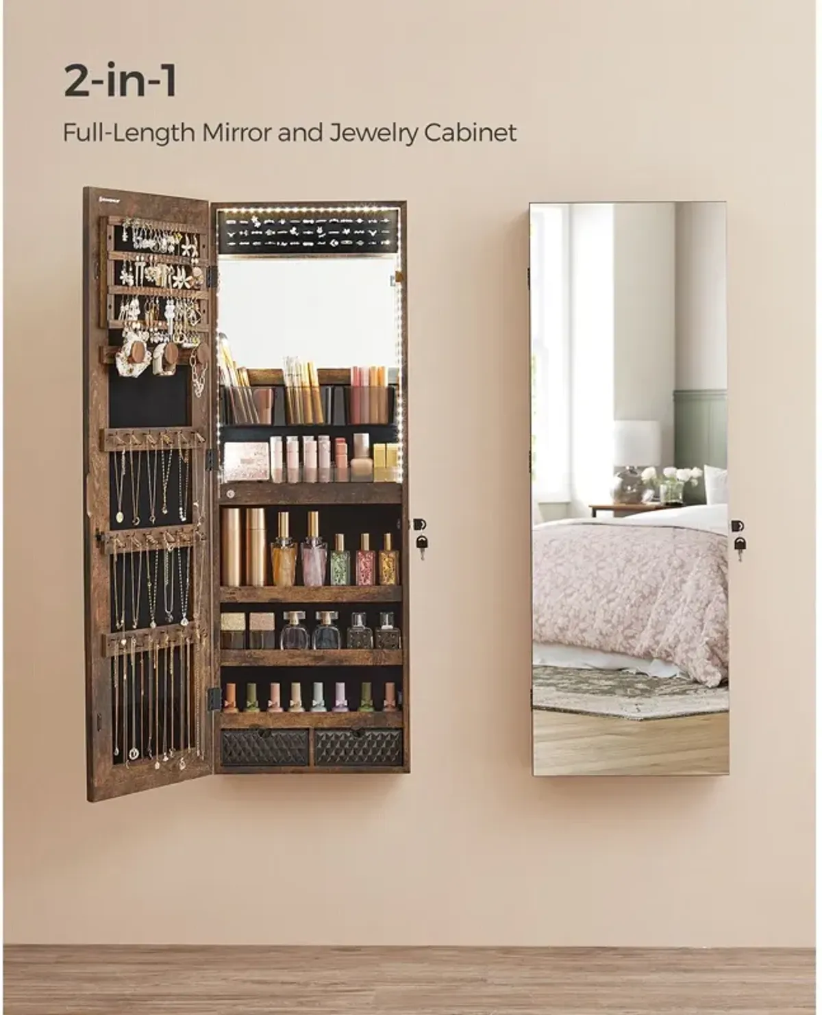 Lockable Wall-Mounted Jewelry Cabinet with Full-Length Frameless Mirror