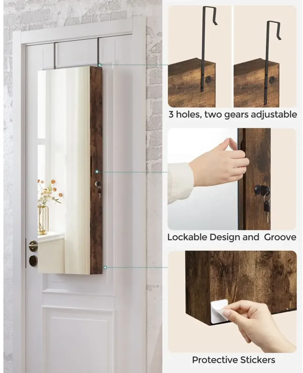 Lockable Wall-Mounted Jewelry Cabinet with Full-Length Frameless Mirror