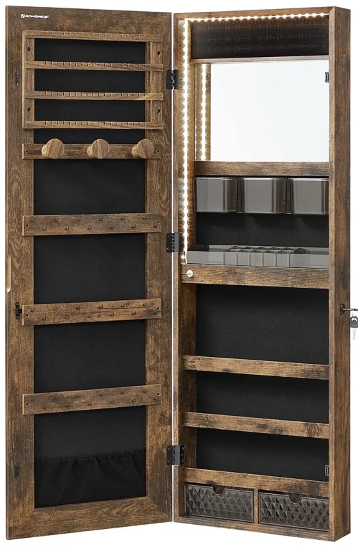 Lockable Wall-Mounted Jewelry Cabinet with Full-Length Frameless Mirror