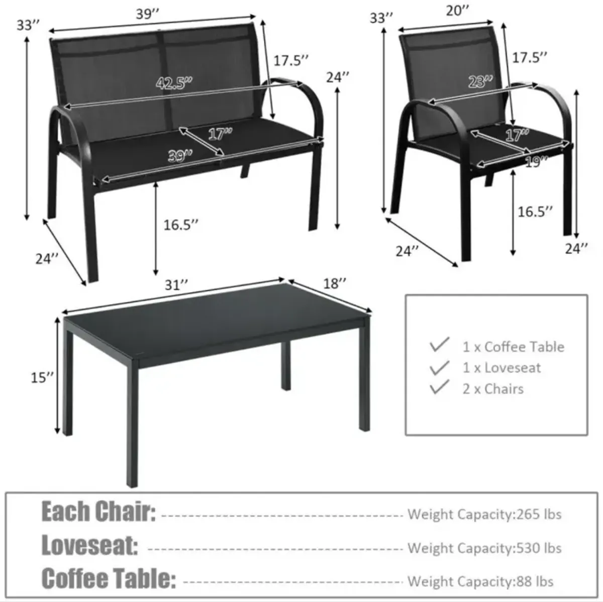 Hivvago 4 Pieces Patio Furniture Set with Glass Top Coffee Table