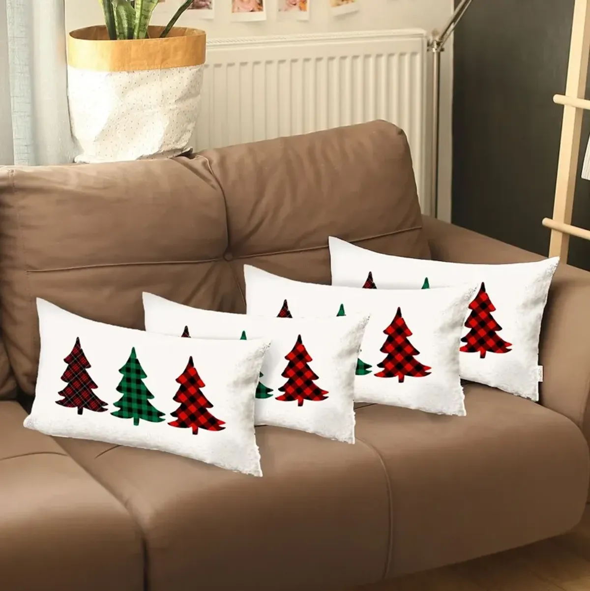 Homezia Set of 4 Christmas Tree Trio Plaid Lumbar Throw Pillows